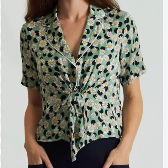 Sandro Blouse Top Shirt Short Sleeve Tie Front Daisy Floral Green New Size Large - Picture 7 of 12